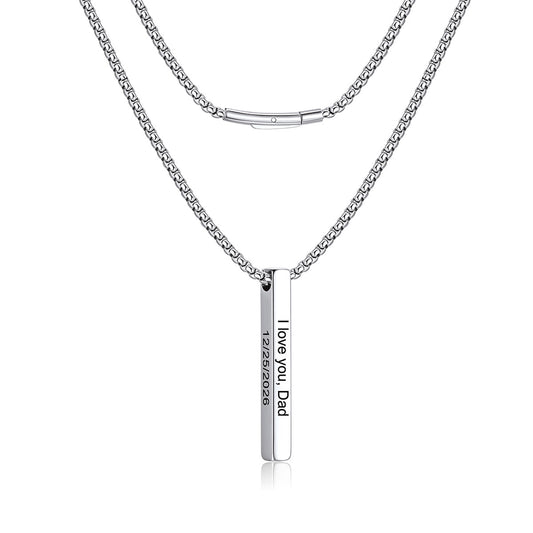 A silver-toned custom engraved bar necklace with a rectangular engraved pendant that reads 'I love you, Dad' and a phone number, shown on a clean white background.