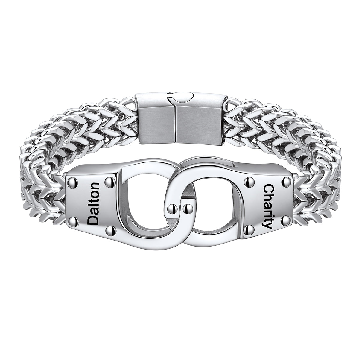 A silver-toned stainless steel bracelet featuring a braided chain design and interlocking handcuff clasp details engraved with the names 'Dalton' and 'Charity'.