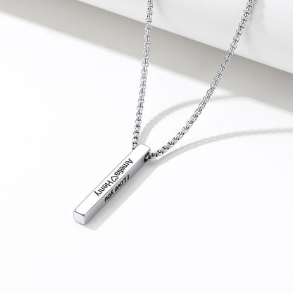 A silver bar necklace with a box chain, featuring a personalized engraved pendant that reads 'Angelo Henry' and 'I Love You'.