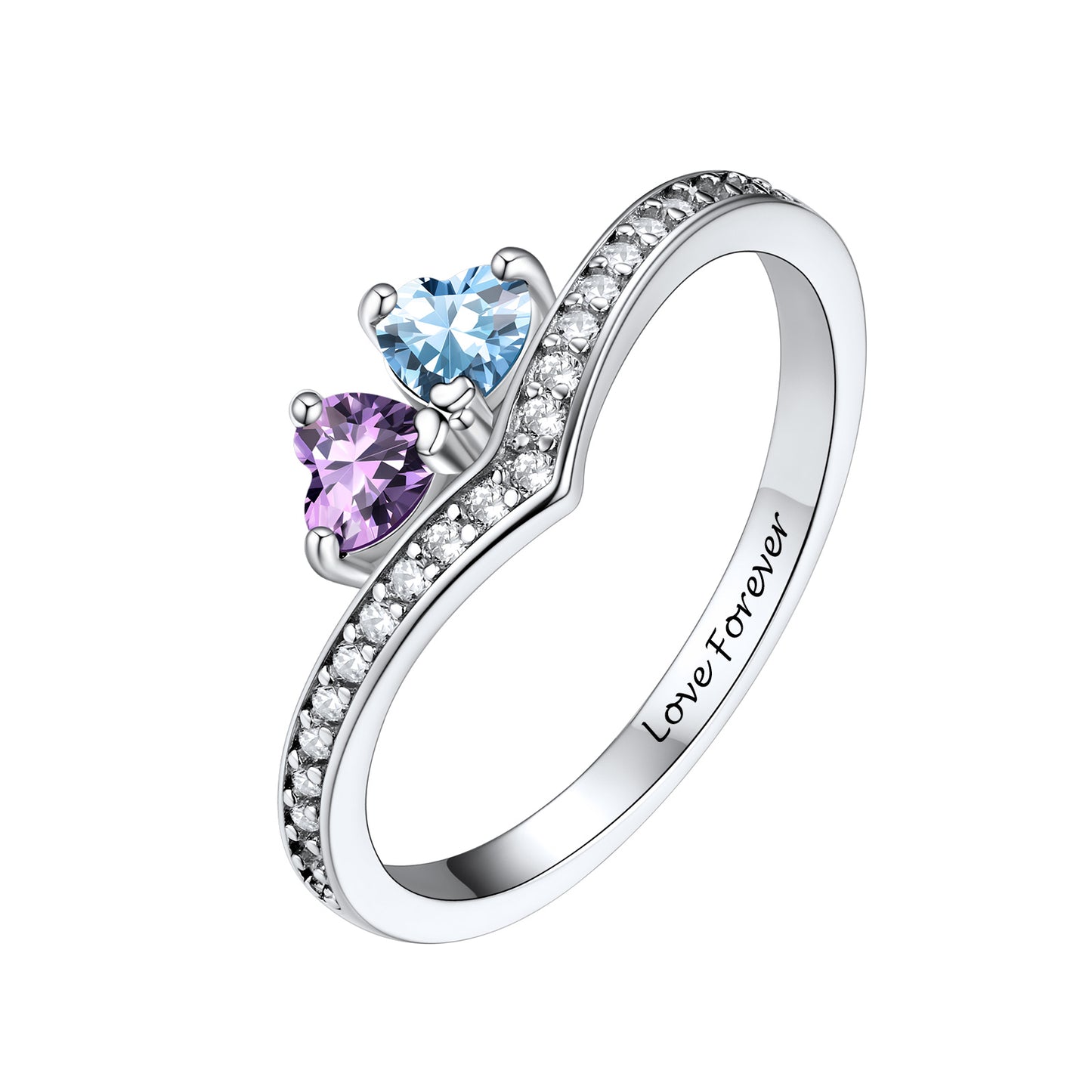 A silver birthstone ring featuring two heart-shaped gemstones, one light blue and one purple, accented by small clear stones along the band. The inside of the band is engraved with the words 'Love Forever'.