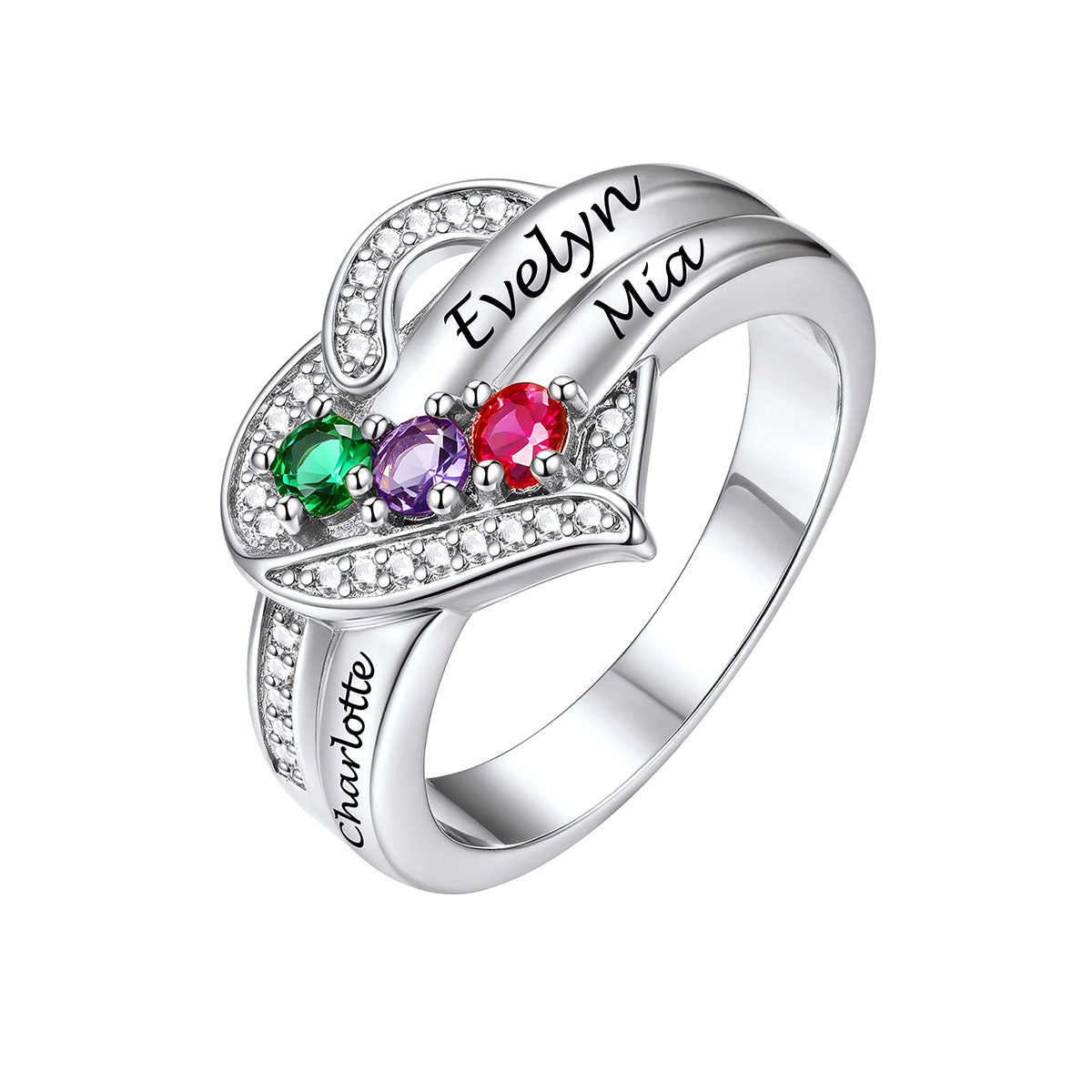 A silver birthstone ring shaped like a heart, featuring three colored gemstones (green, purple, and red) and clear accent stones. The top of the ring is engraved with names including 'Evelyn', 'Mia', and 'Charlotte'.
