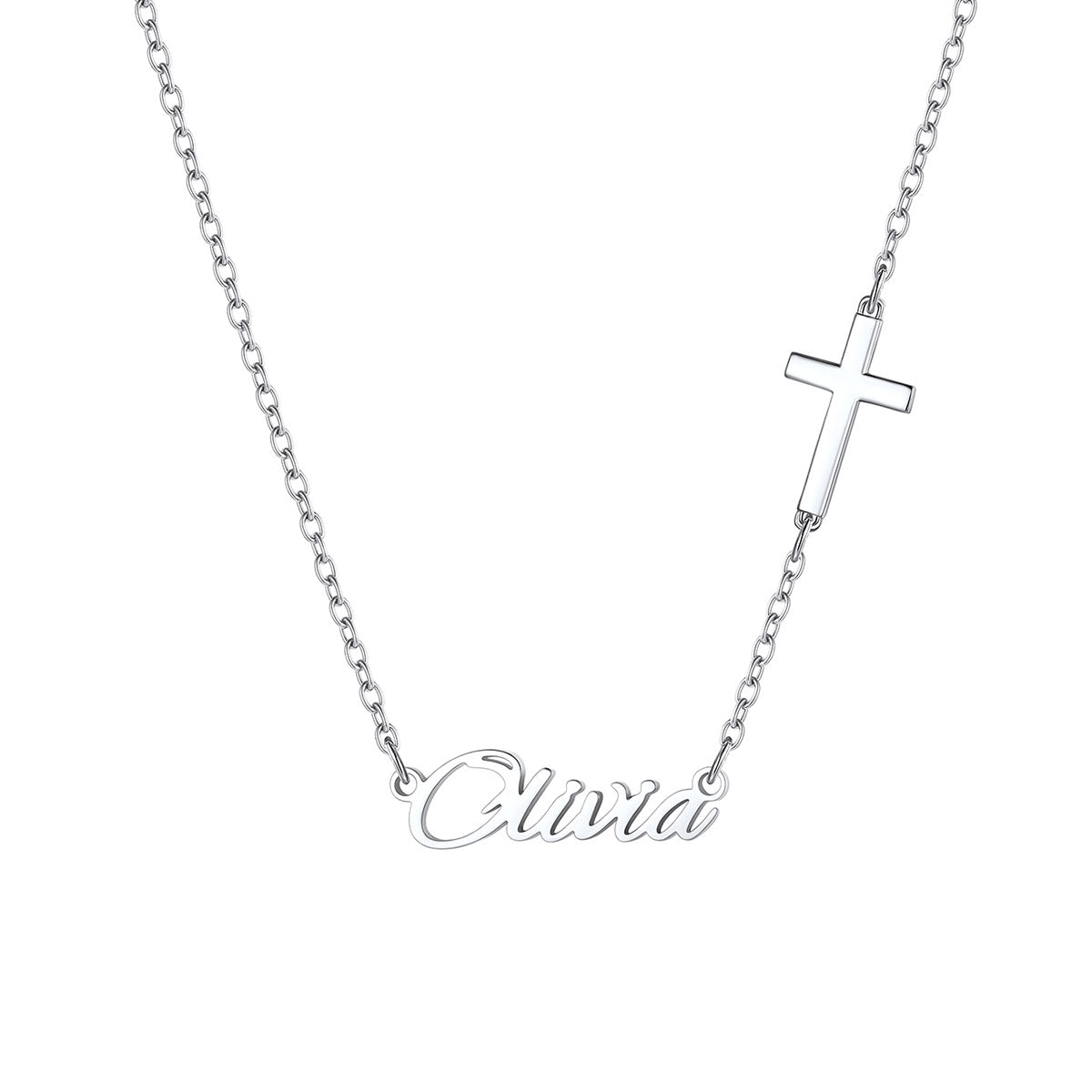 A silver chain name necklace featuring a small cross pendant and a script nameplate reading 'Olivia', shown on a plain white background.
