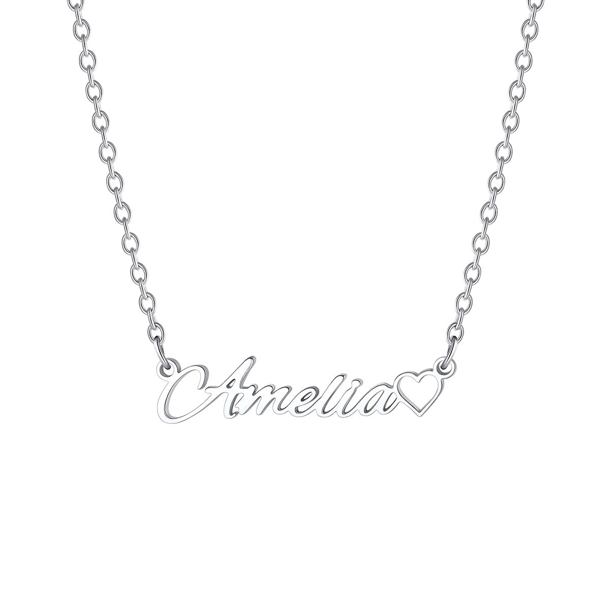 A silver chain necklace featuring a personalized script nameplate that reads 'Amelia' in cursive, with a small heart outline at the end of the word, shown on a plain white background.