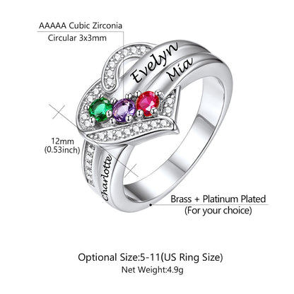 A silver custom birthstone heart ring with a heart-shaped design, featuring three colored gemstones (green, purple, and red) and engraved names ('Evelyn', 'Mia', and 'Charlotte'). The image includes dimension and specification labels on a plain white background.