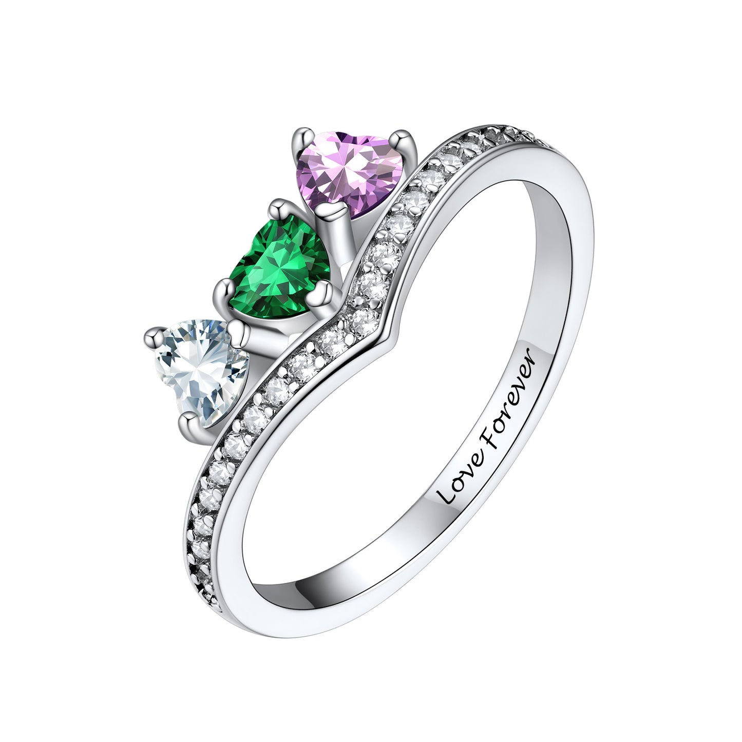 A silver heart-shaped birthstone  ring featuring three heart-shaped gemstones in green, purple, and clear, with small clear stones along the band and 'Love Forever' engraved inside. The ring is shown on a plain white background.