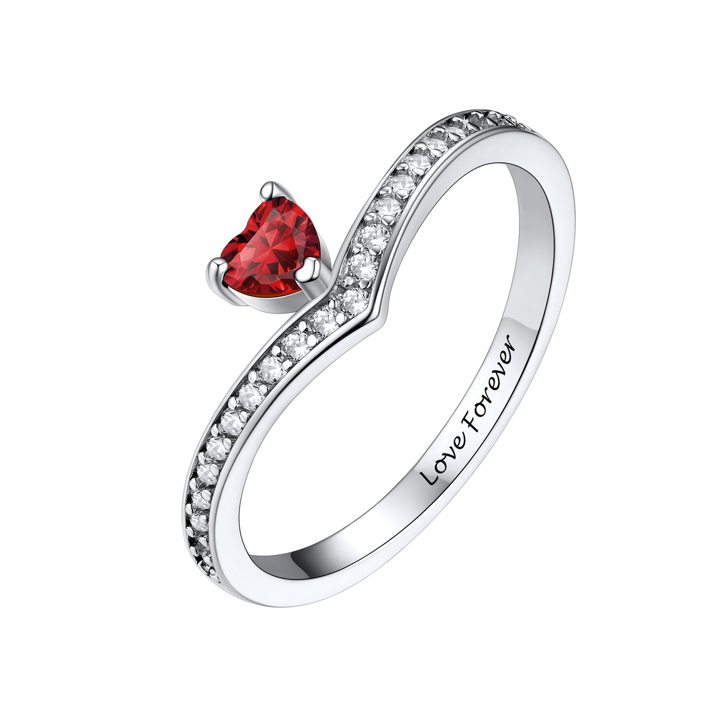 A silver heart-shaped ring featuring a red heart gemstone and a channel-set row of clear stones along the band, with 'Love Forever' engraved inside. The ring is shown on a solid white background.