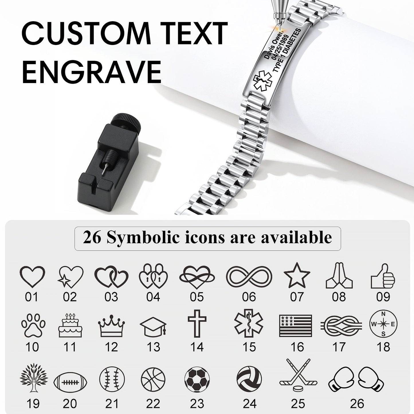 A silver metal link bracelet with a custom engraved ID tag, shown alongside a black text engraver tool and a graphic explaining that 26 symbolic icons are available for customization.
