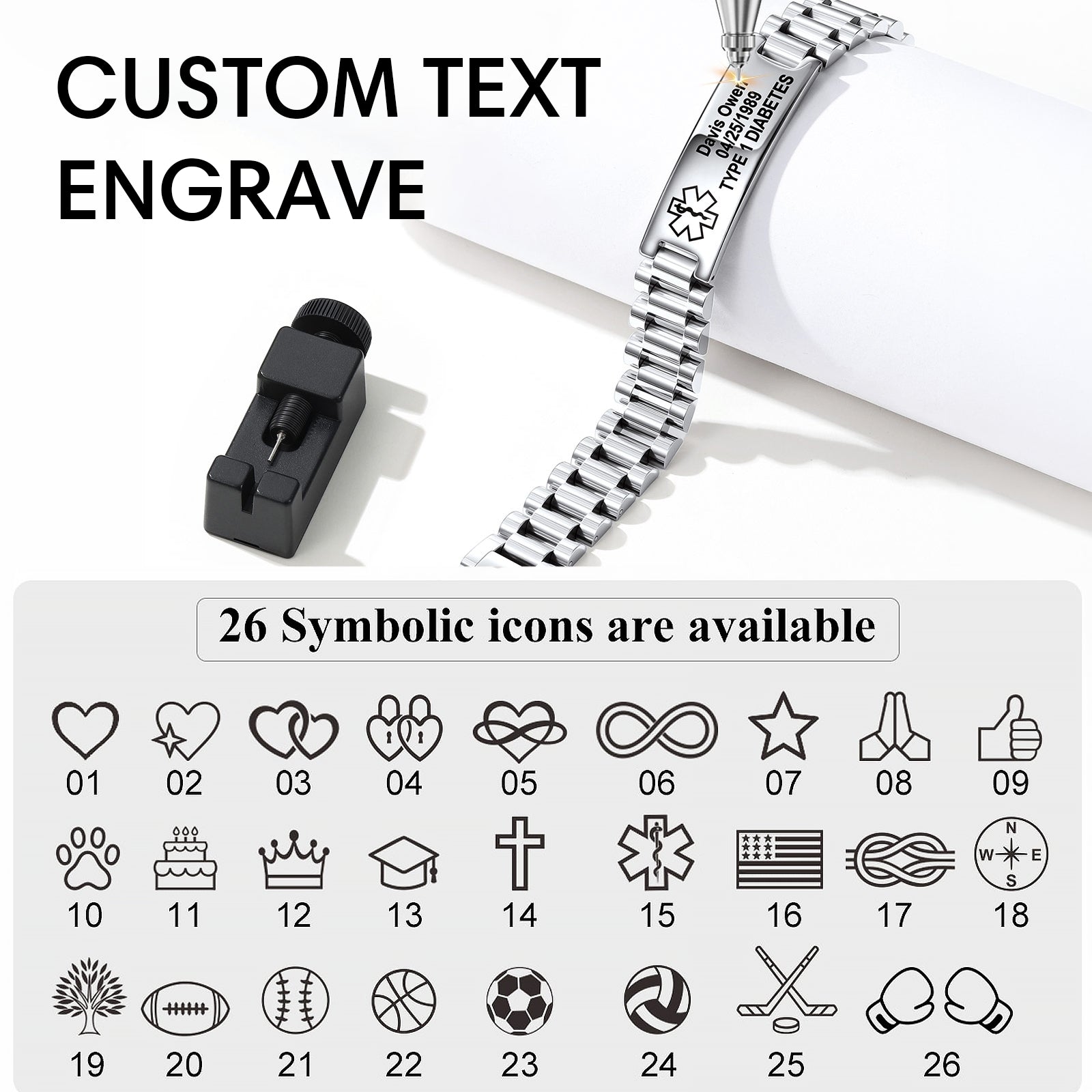 A silver metal link bracelet with a custom engraved ID tag, shown alongside a black text engraver tool and a graphic explaining that 26 symbolic icons are available for customization.