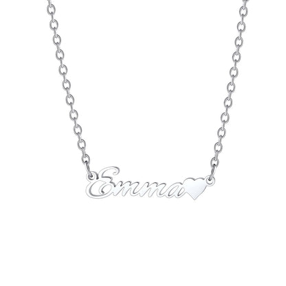 A silver name necklace featuring the name 'Emma' in cursive script with a small heart at the end, suspended from a delicate silver chain against a plain white background.