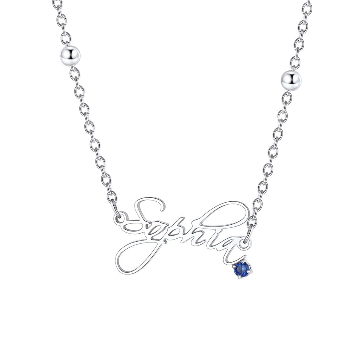 A silver name necklace with birthstone featuring the name 'Sophia' in cursive script, adorned with a small blue gemstone at the end and silver ball accents on the chain, shown against a plain white background.