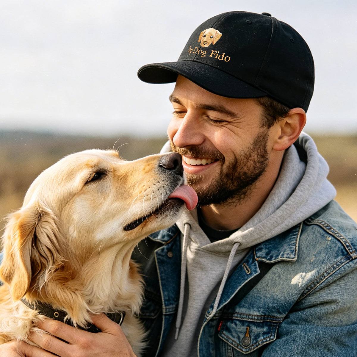 A smiling man wearing a black baseball cap with a golden retriever dog licking his face, wearing a gray hoodie and a distressed blue denim jacket in an outdoor setting.