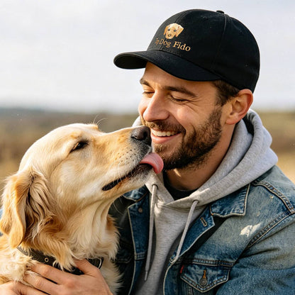 A smiling man wearing a black baseball cap with a golden retriever dog licking his face, wearing a gray hoodie and a distressed blue denim jacket in an outdoor setting.