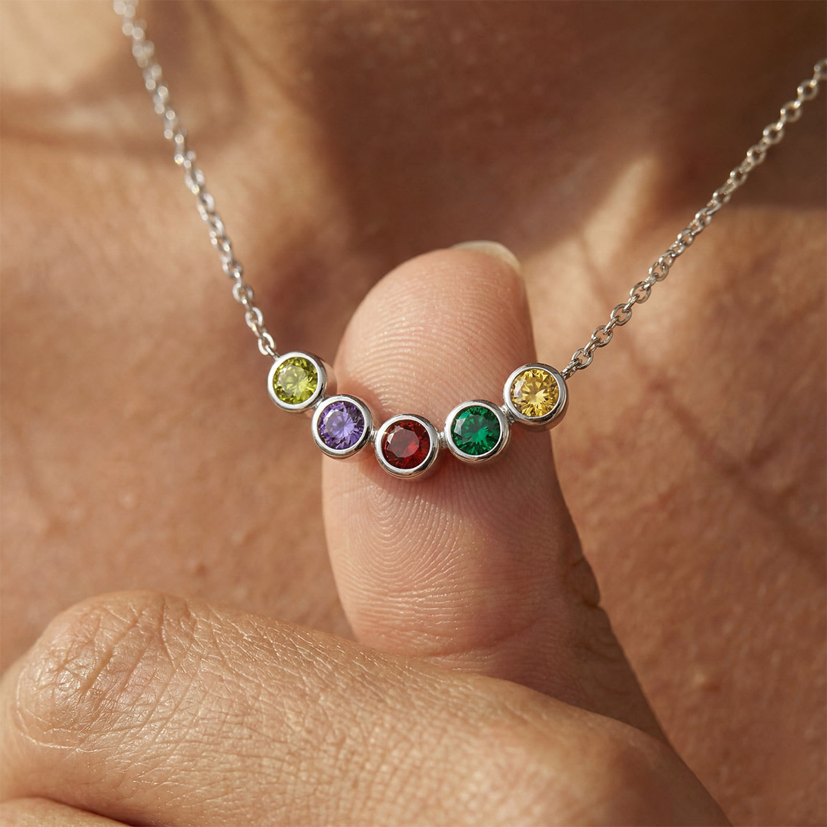 A woman wearing Custom Family Birthstone Necklace