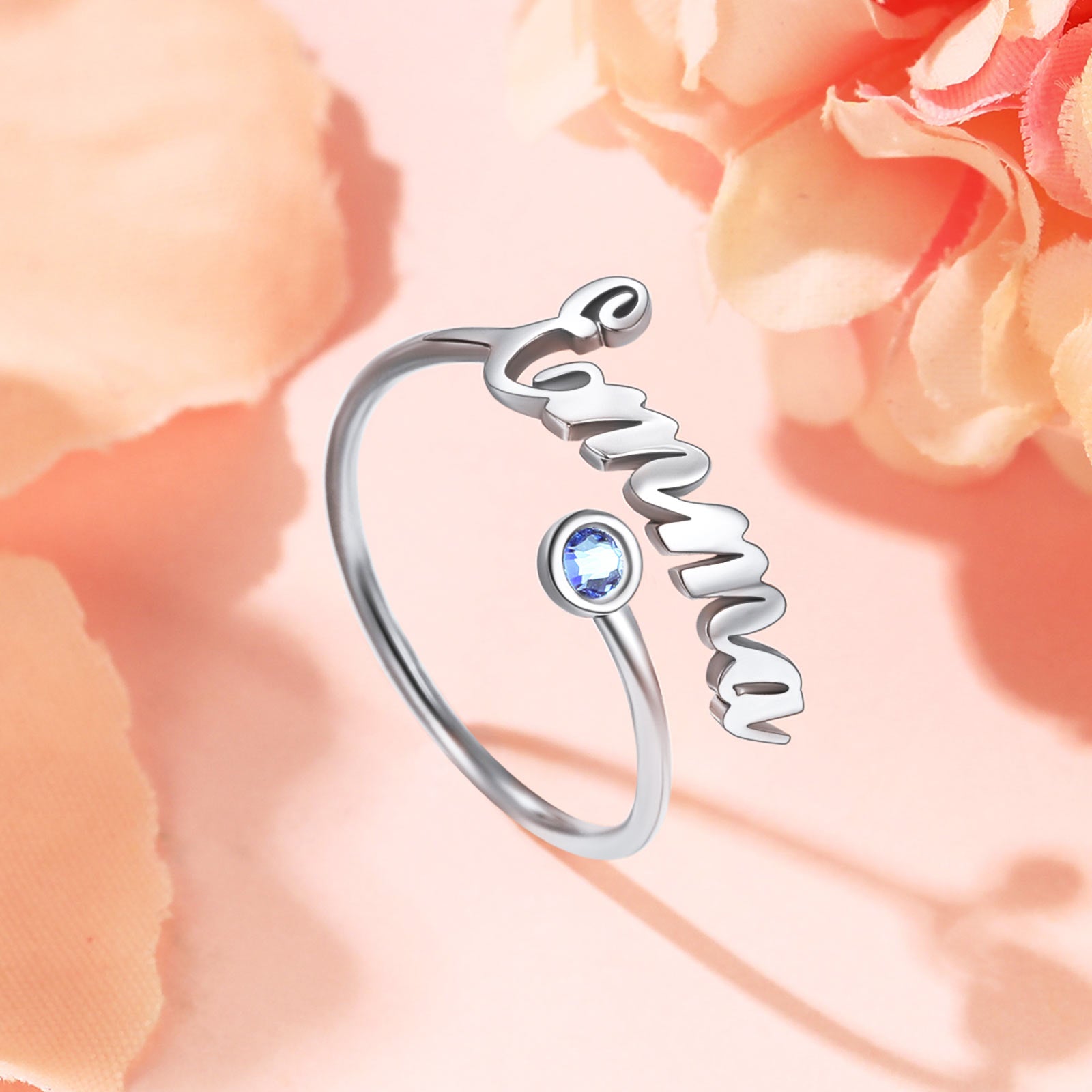 Adjustable Personalized Name Ring with Birthstone in 925 Sterling Silver