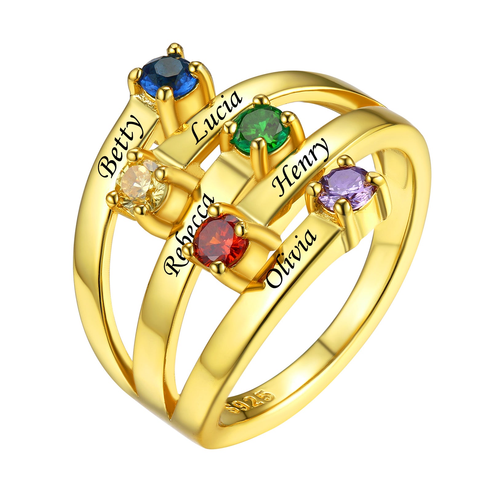 Adjustable Sterling Silver Personalized Birthstone Ring Gold 5 Stone