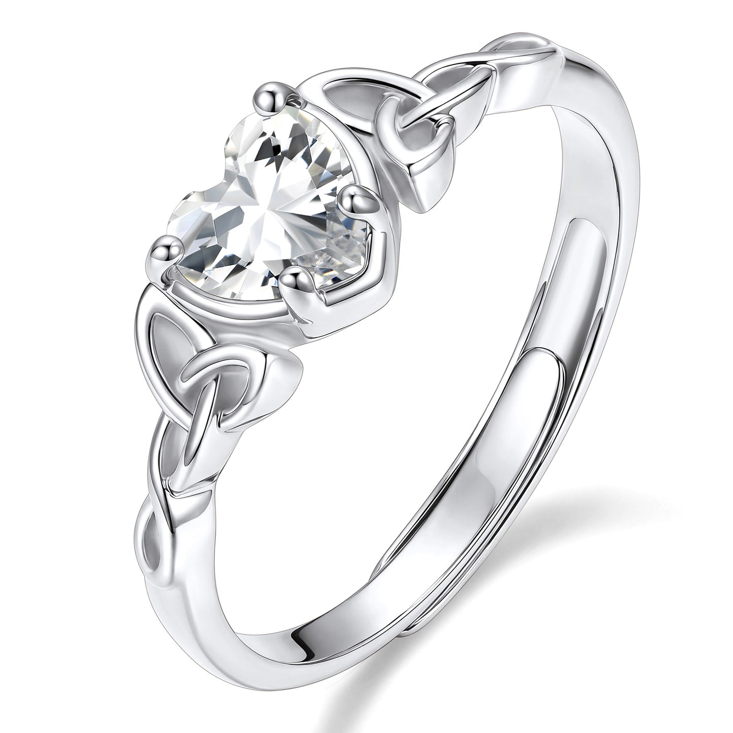 Adjustable Celtic Knot April Birthstone Heart Ring on a white background