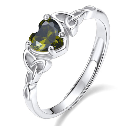 Adjustable Celtic Knot August Birthstone Heart Ring on a white background