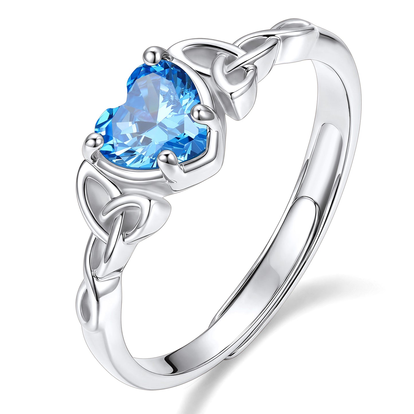 Adjustable Celtic Knot December Birthstone Heart Ring on a white background