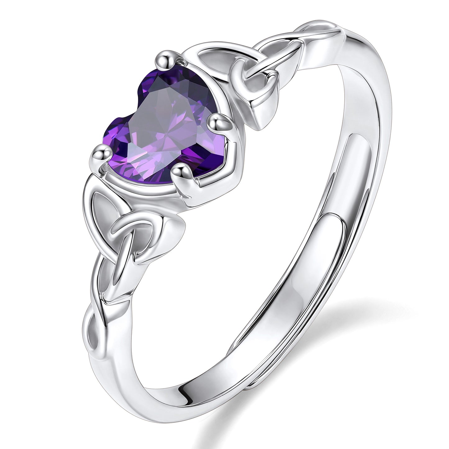 Adjustable Celtic Knot February Birthstone Heart Ring on a white background