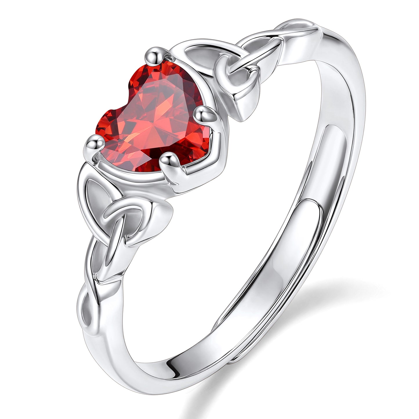 Adjustable Celtic Knot July Birthstone Heart Ring on a white background