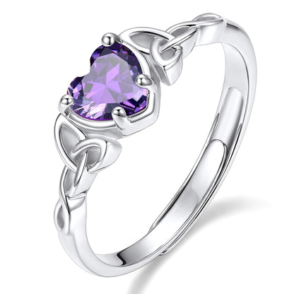Adjustable Celtic Knot June Birthstone Heart Ring on a white background