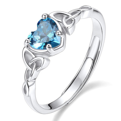 Adjustable Celtic Knot March Birthstone Heart Ring on a white background