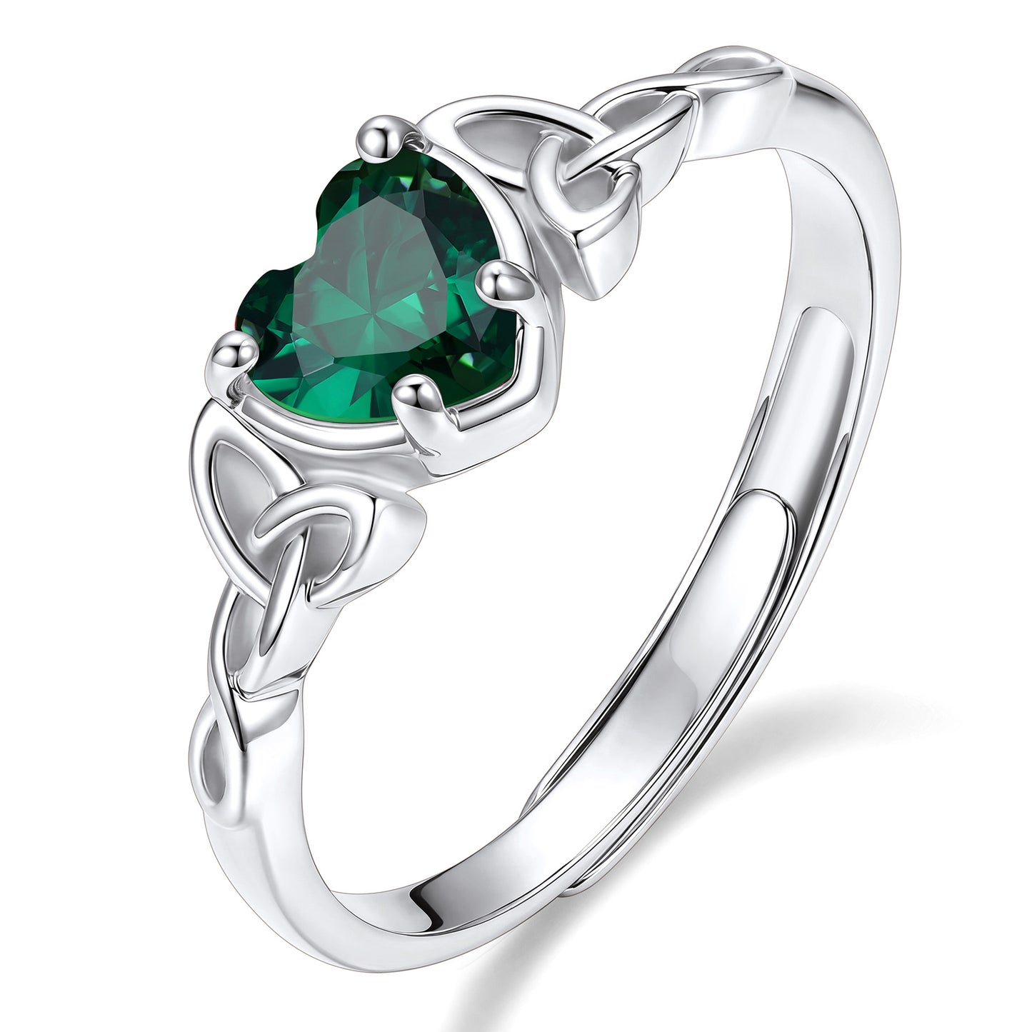Adjustable Celtic Knot May Birthstone Heart Ring on a white background