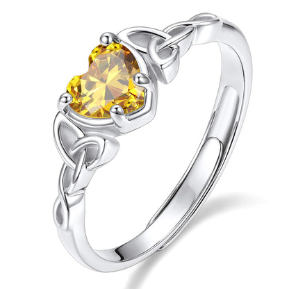 Adjustable Celtic Knot November Birthstone Heart Ring on a white background
