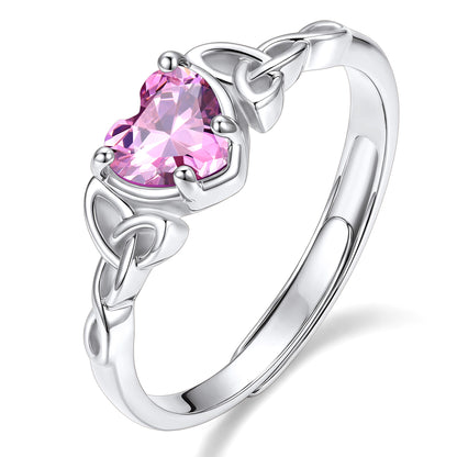Adjustable Celtic Knot October Birthstone Heart Ring on a white background