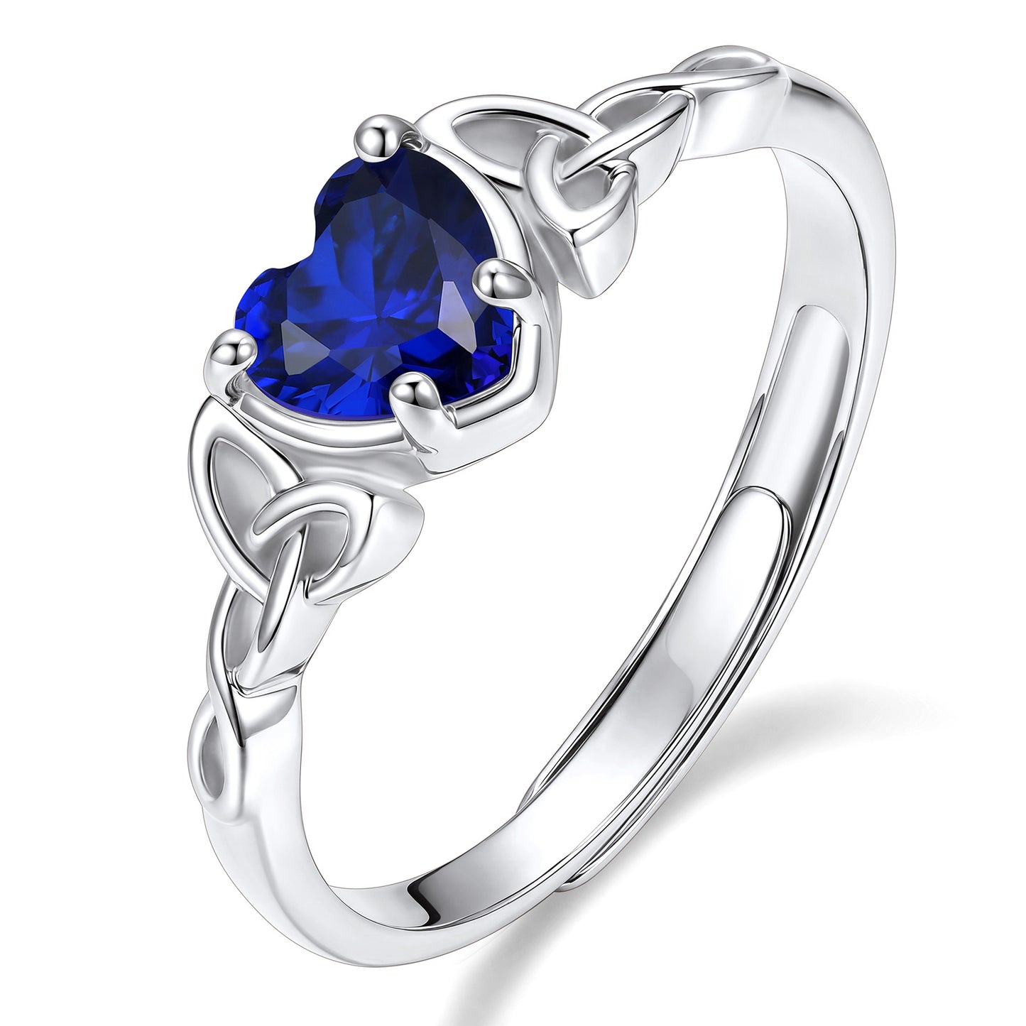 Adjustable Celtic Knot September Birthstone Heart Ring on a white background