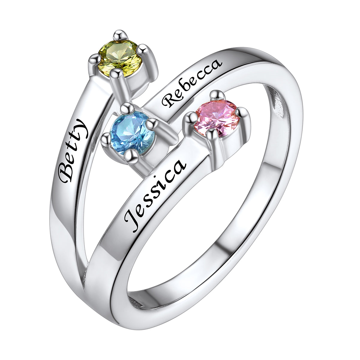 Adjustable Sterling Silver Personalized 3 Birthstone Ring