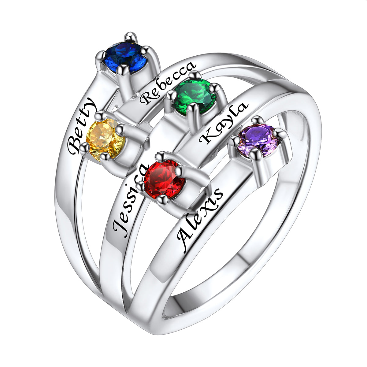 Adjustable Sterling Silver Personalized 5 Birthstone Ring