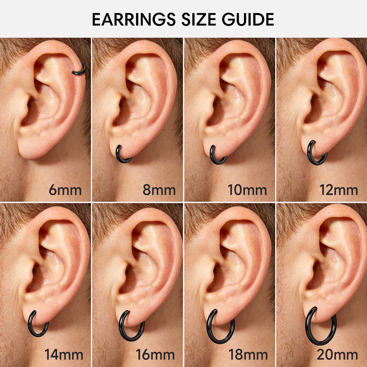 An earring size guide chart showing eight close-up views of a human ear with different black huggie earrings, labeled from 6mm to 20mm, under the title 'EARRINGS SIZE GUIDE'.