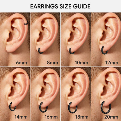 An earring size guide chart showing eight close-up views of a human ear with different black huggie earrings, labeled from 6mm to 20mm, under the title 'EARRINGS SIZE GUIDE'.