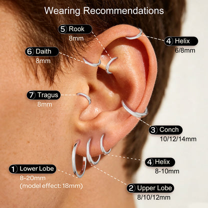 An instructional diagram showing a close-up of a human ear with multiple silver hoop and cartilage piercings, labeled by name and size under the heading 'Wearing Recommendations.'.
