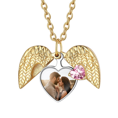 Angel Wing Heart Photo Locket Necklace Gold Plated