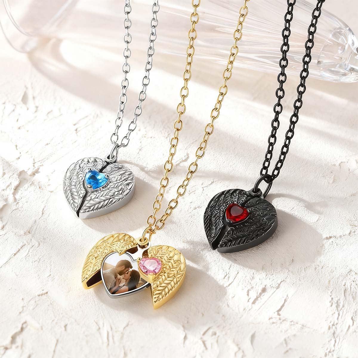 Angel Wing Heart Photo Locket Necklace with Birthstone