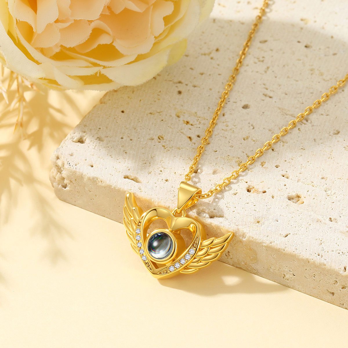 Angel Wing Photo Projection Necklace in Gold Plated