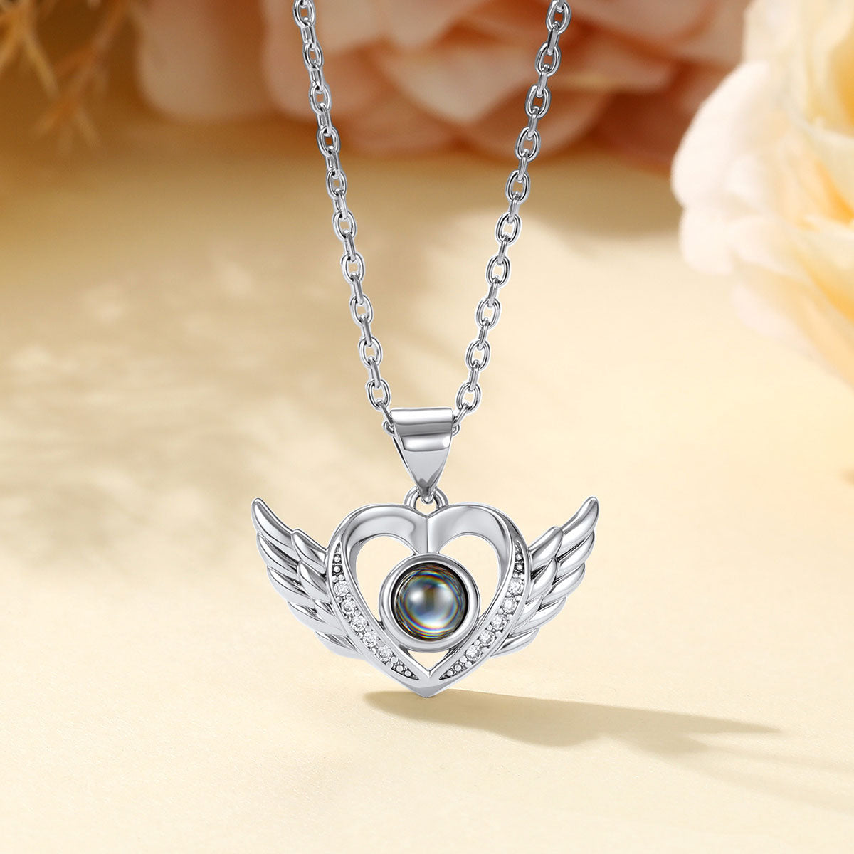 Angel Wing Photo Projection Necklace in Steel