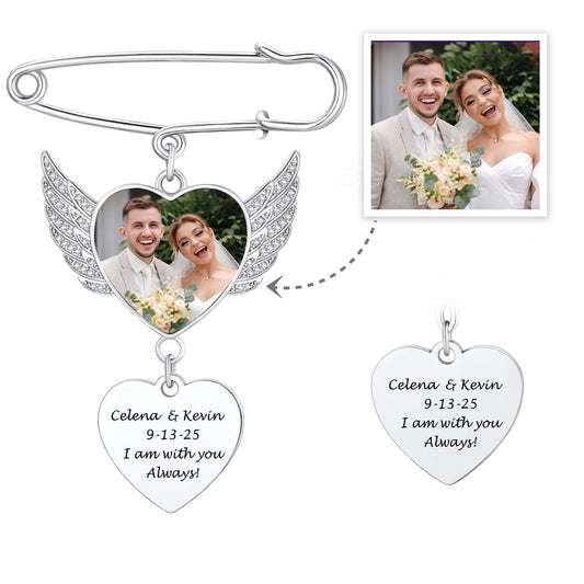 Angel Wing Wedding Bouquet Heart Photo Brooch Pins