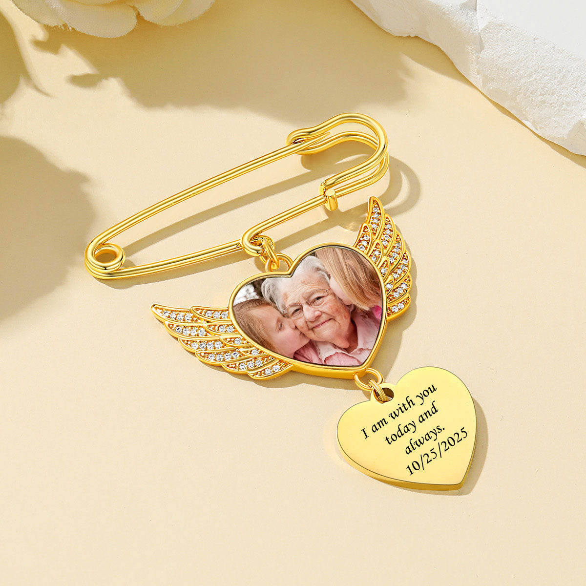 Angel Wing Wedding Bouquet Photo Brooch Pins Gold Plated