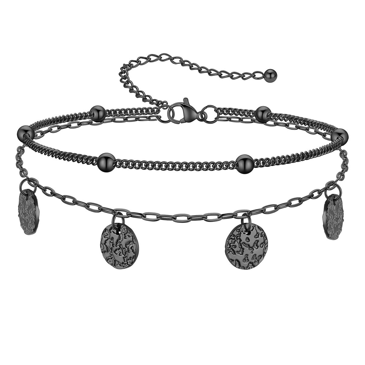 Disc Charm Layered  Paperclip Chain Anklets Gold Plated Black Plated