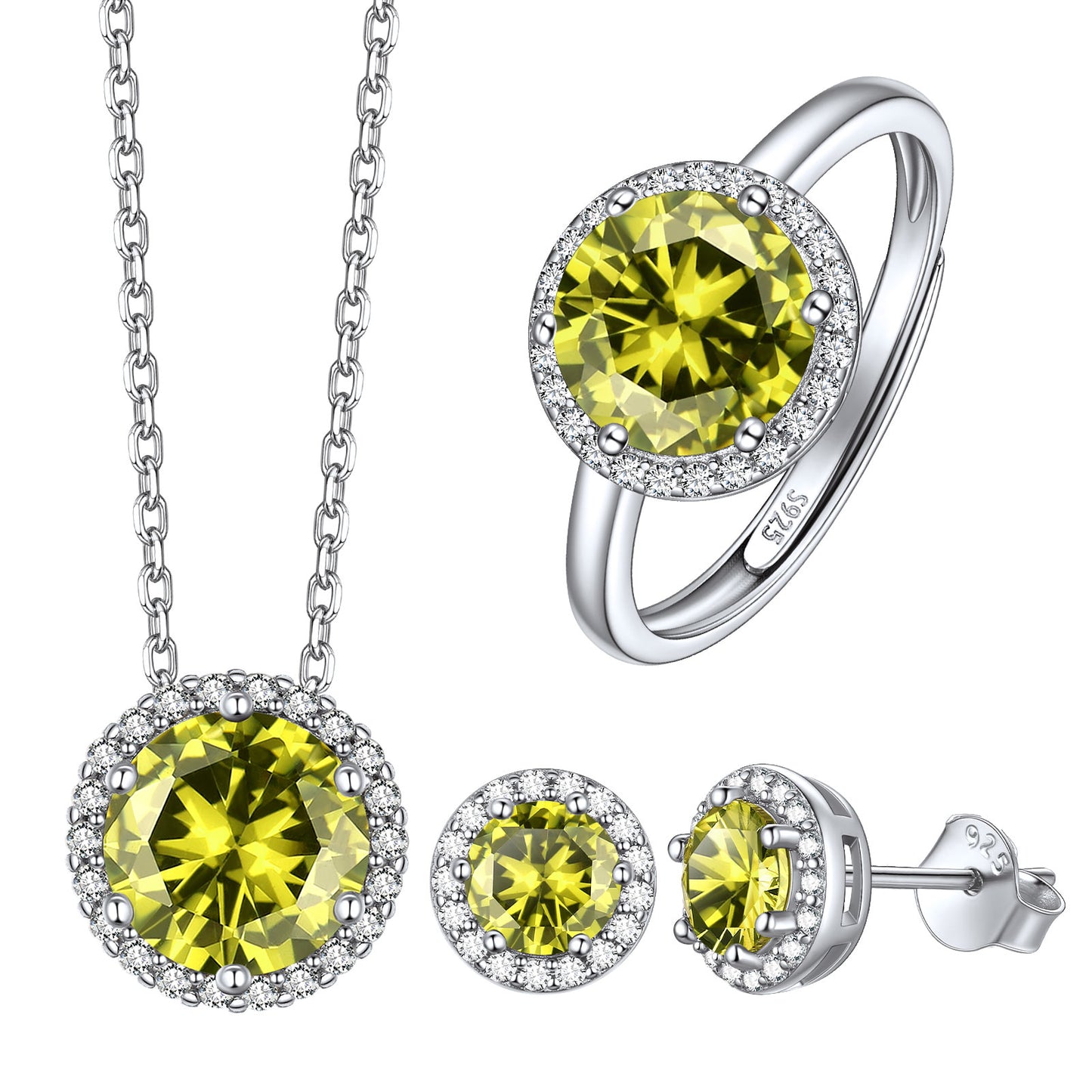 Round Halo Birthstone Jewelry Set