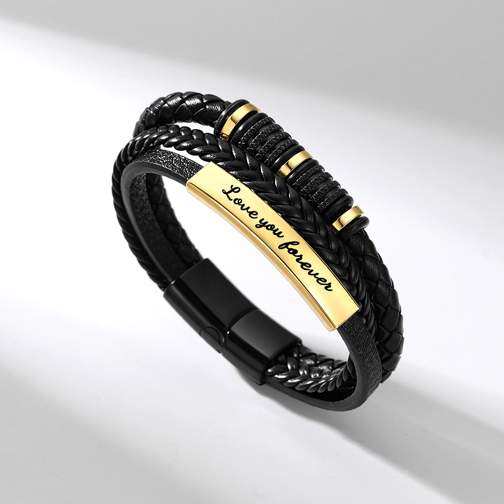 Custom Multi-Layer Braided Leather Bracelet Engraved Wristband for Men