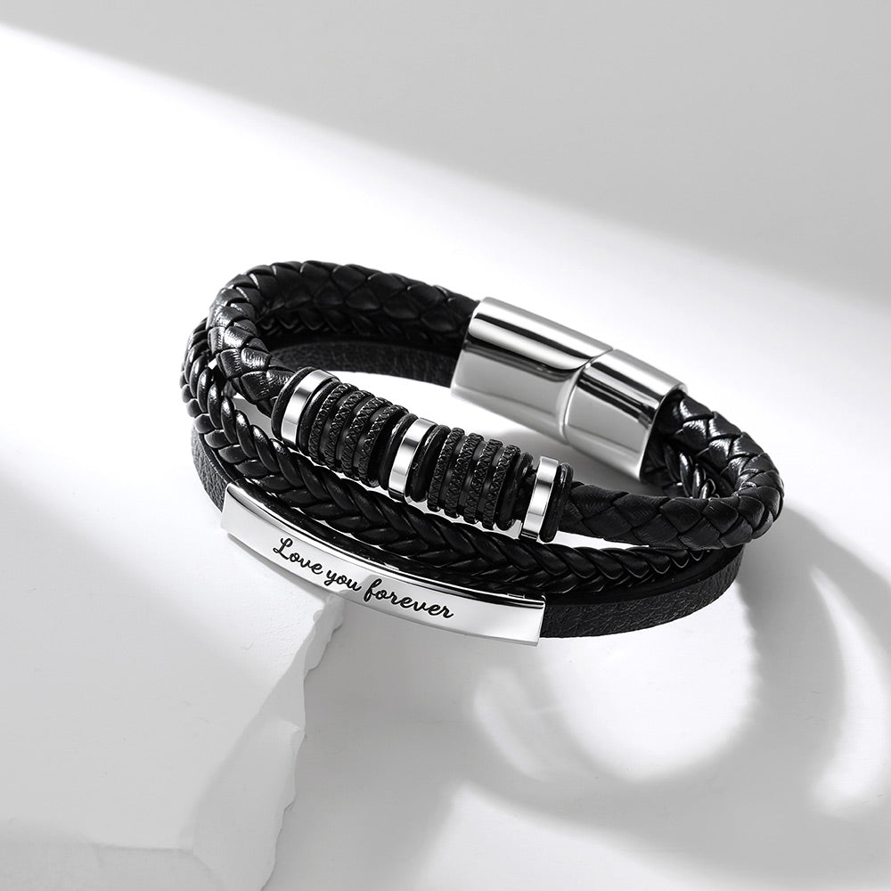 Custom Multi-Layer Braided Leather Bracelet Engraved Wristband for Men