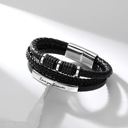 Custom Multi-Layer Braided Leather Bracelet Engraved Wristband for Men