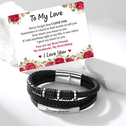 Custom Multi-Layer Braided Leather Bracelet Engraved Wristband for Men