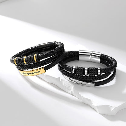 Custom Multi-Layer Braided Leather Bracelet Engraved Wristband for Men
