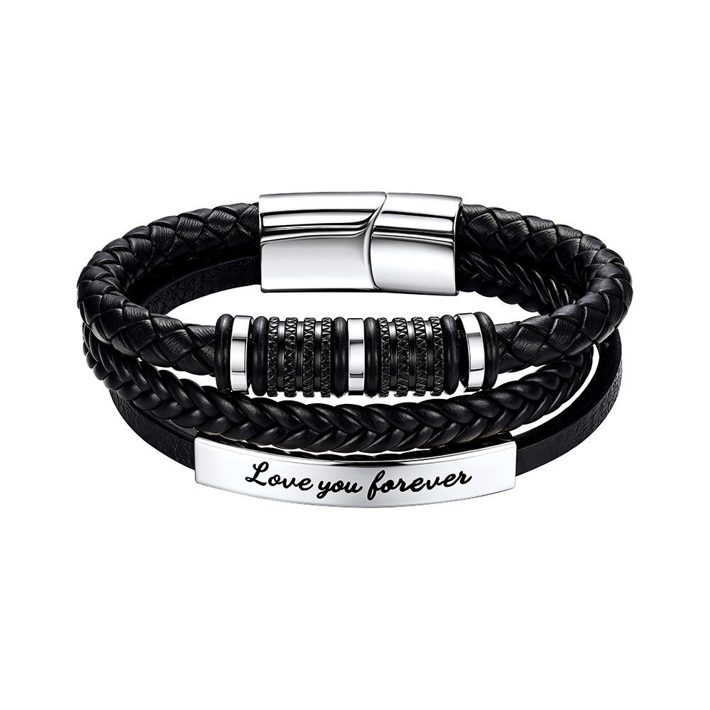 Custom Multi-Layer Braided Leather Bracelet Engraved Wristband for Men