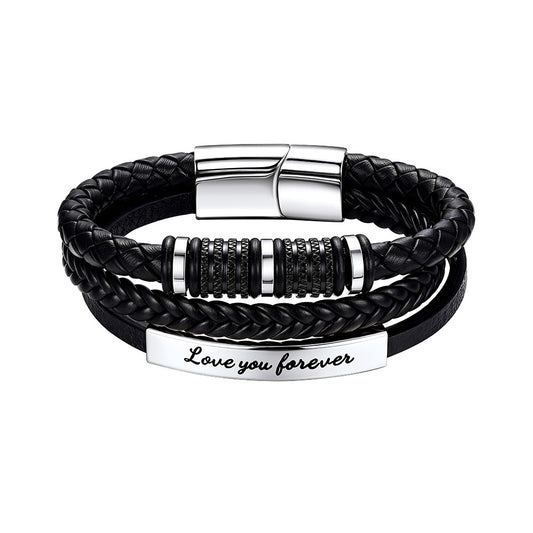 Custom Multi-Layer Braided Leather Bracelet Engraved Wristband for Men